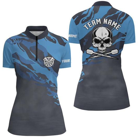 Personalisiertes blaues Totenkopf-Darts-1/4-Zip-Shirt, individuell anpassbares Darts-Shirt für Frauen, Dart-Trikots Z504 - Climcat