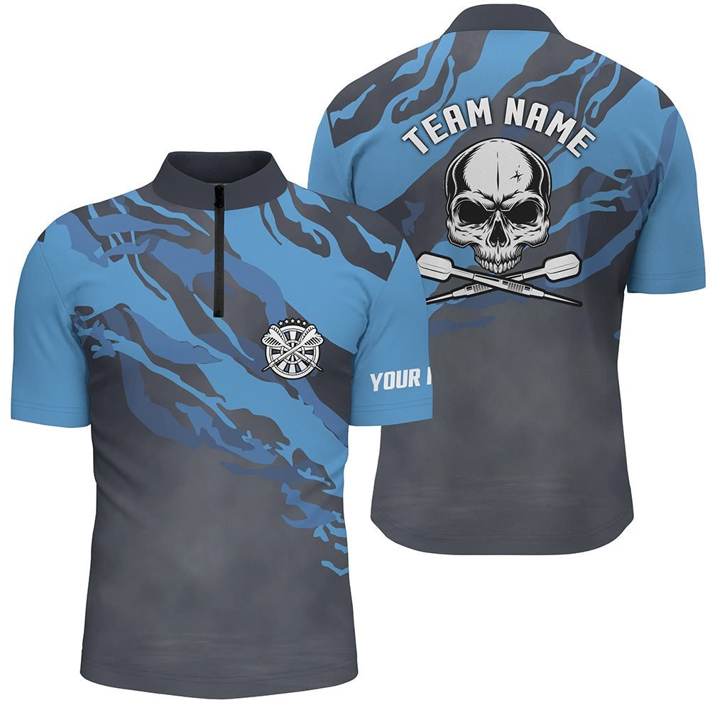 Personalisiertes blaues Totenkopf-Darts-1/4-Zip-Shirt, individuell anpassbares Darts-Shirt für Herren, Dart-Trikots U146 - Climcat