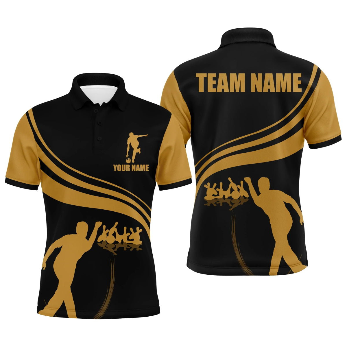 Personalisiertes Bowling Herren Polo Shirt Schwarz und Gold - Individuelles Team Kurzarm Trikot für Männer - B13 - Climcat