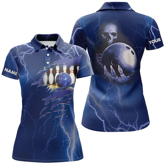 Personalisiertes Bowling-Polo-Shirt für Damen, Blitze in Blau, individueller Name, Team Skull Bowling Trikots Q6022 - Climcat