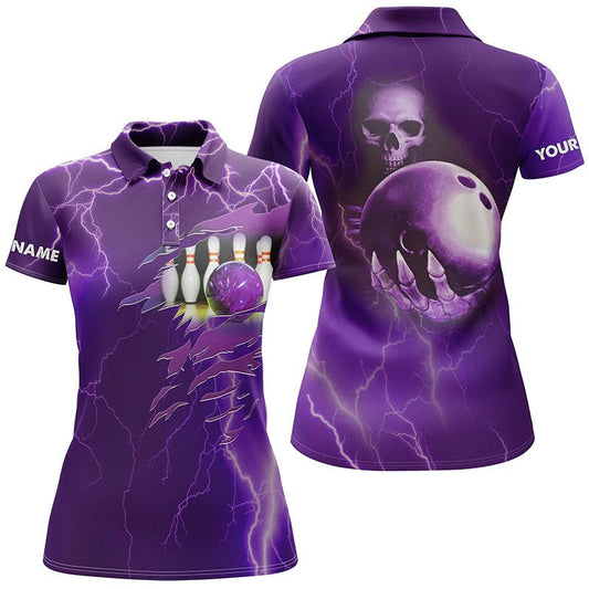 Personalisiertes Bowling-Polo-Shirt für Damen, lila Blitz, individueller Name, Team Skull Bowling Trikots Q6494 - Climcat