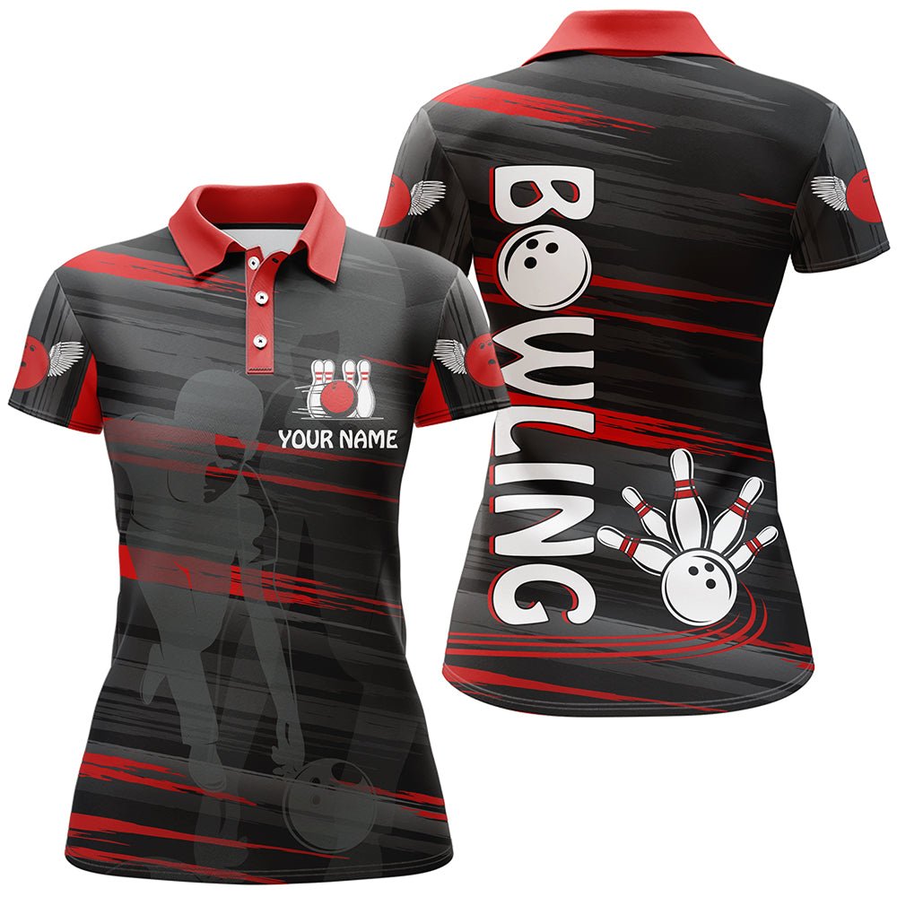 Personalisiertes Bowling Polo-Shirt für Damen - Rotes und Schwarzes Bowling-Shirt für das Team - Individuelles Bowling Trikot D08 - Climcat