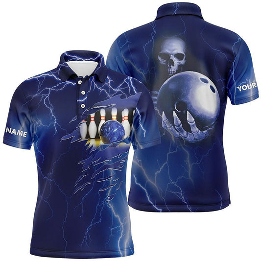 Personalisiertes Bowling-Polo-Shirt für Herren, Blaue Blitzmuster, Individueller Name, Team Skull Bowling Trikots Q6022 - Climcat