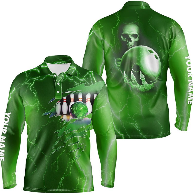 Personalisiertes Bowling-Polo-Shirt für Herren, grüner Blitz und Donner, individueller Teamname, Totenkopf-Bowlingtrikots Q6493 - Climcat