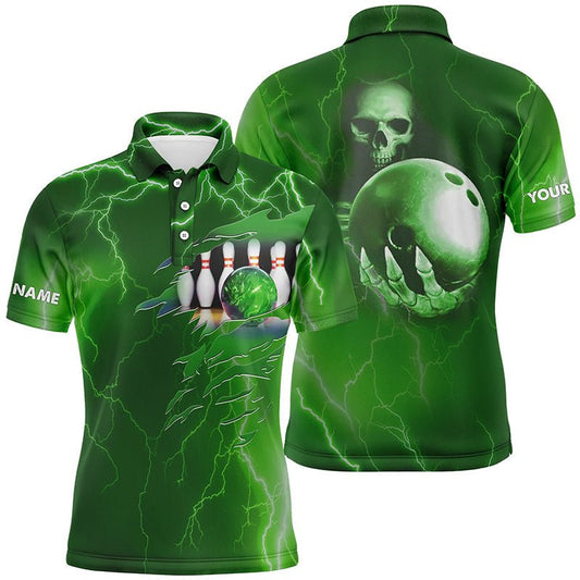 Personalisiertes Bowling-Polo-Shirt für Herren, grüner Blitz und Donner, individueller Teamname, Totenkopf-Bowlingtrikots Q6493 - Climcat