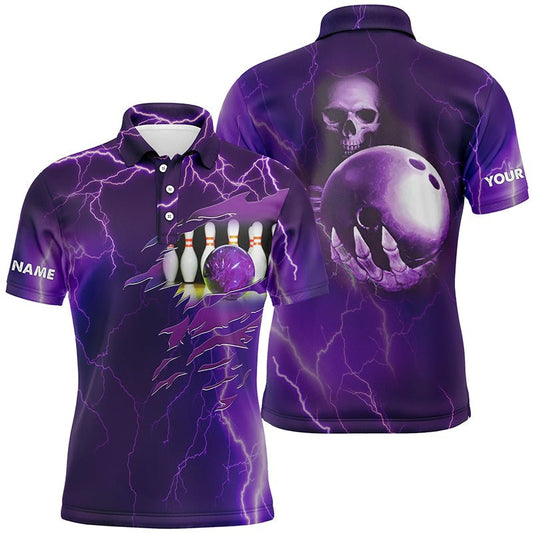 Personalisiertes Bowling-Polo-Shirt für Herren - Lila Blitz und Donner - Individuelle Team-Bowlingtrikots mit Totenkopf - Q6494 - Climcat