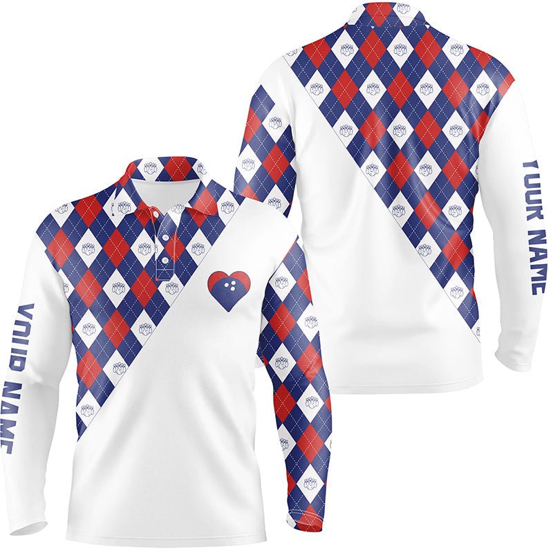 Personalisiertes Bowling-Polo-Shirt für Herren mit rot-weiß-blauem Argyle-Muster, individuelles Bowling-Herztrikot Q6710 - Climcat