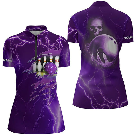 Personalisiertes Bowling-Quarter-Zip-Shirt für Damen, lila Blitz, individuelle Team-Skull-Bowling-Trikots Q6494 - Climcat