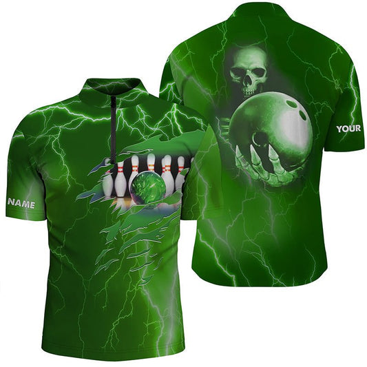 Personalisiertes Bowling-Quarter-Zip-Shirt für Herren, grüner Blitz, individueller Name, Team Skull Bowling Trikots Q6493 - Climcat