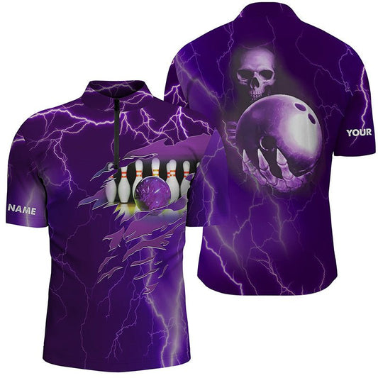 Personalisiertes Bowling-Quarter-Zip-Shirt für Herren, lila Blitz, individueller Name, Team Skull Bowling Trikots Q6494 - Climcat