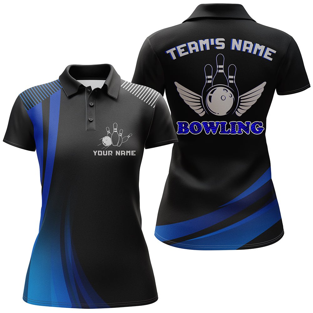 Personalisiertes Bowling-Shirt für Damen, Blau & Schwarz, Polo Bowling-Shirt mit Namen, Damen-Bowlertrikot B156 - Climcat