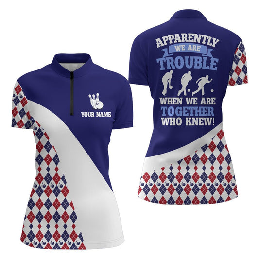 Personalisiertes Bowling-Shirt für Damen, Blaues Argyle Bowling Trikot mit Namen, Liga Viertel-Reißverschluss Shirt N175 - Climcat