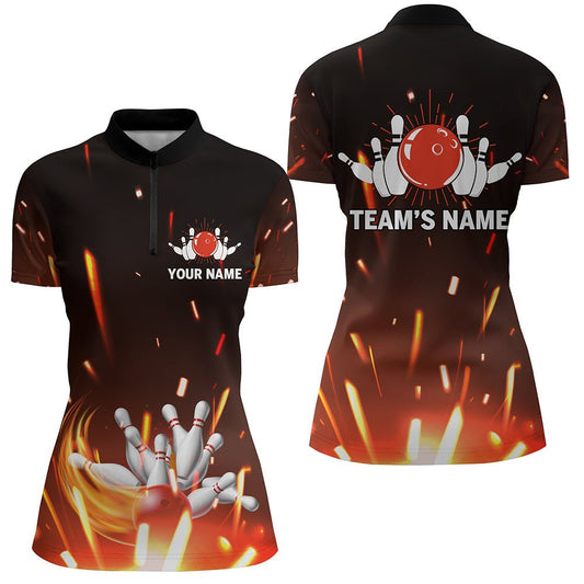 Personalisiertes Bowling-Shirt für Damen, Flamme Bowling Quarter-Zip Shirt für das Team, Damen-Bowler-Trikot N06 - Climcat