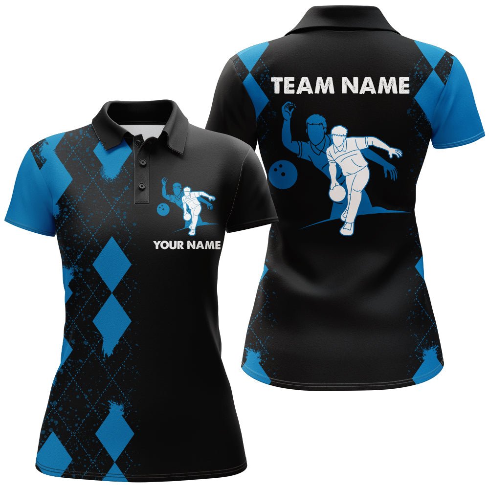 Personalisiertes Bowling-Shirt für Damen, individueller Name, blaues und schwarzes Polo-Team-Shirt für Bowling-Mädchen B161 - Climcat