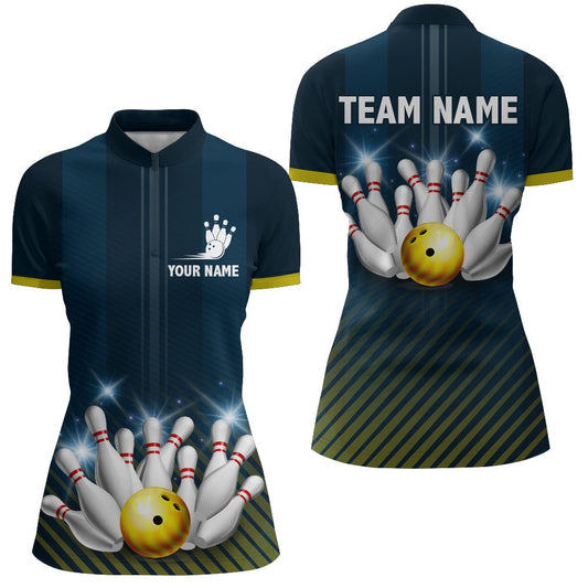 Personalisiertes Bowling-Shirt für Damen | Individuelles Bowling-Trikot für Bowling-Team Liga | Viertelreißverschluss-Shirt Z211 - Climcat