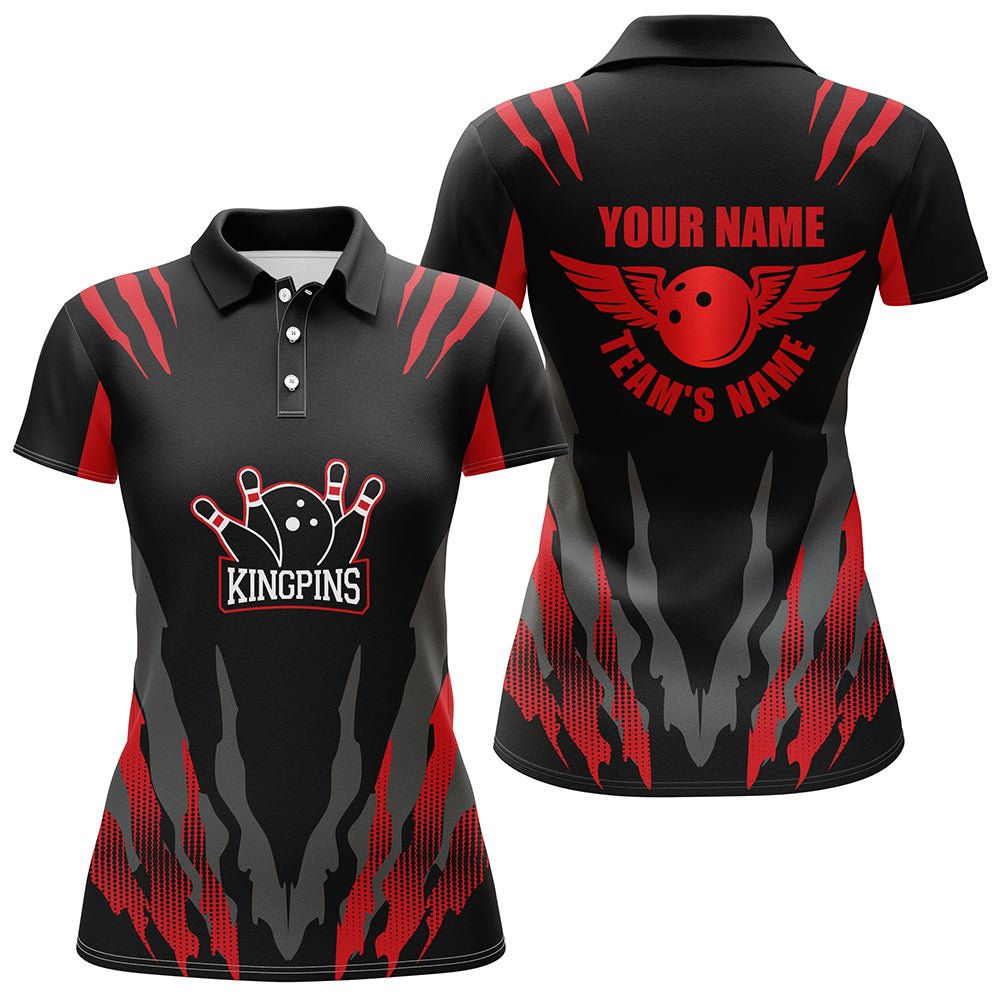 Personalisiertes Bowling-Shirt für Damen, Kingpins Rotes Polo-Bowling-Shirt mit Namen, Damen-Bowlertrikot B159 - Climcat