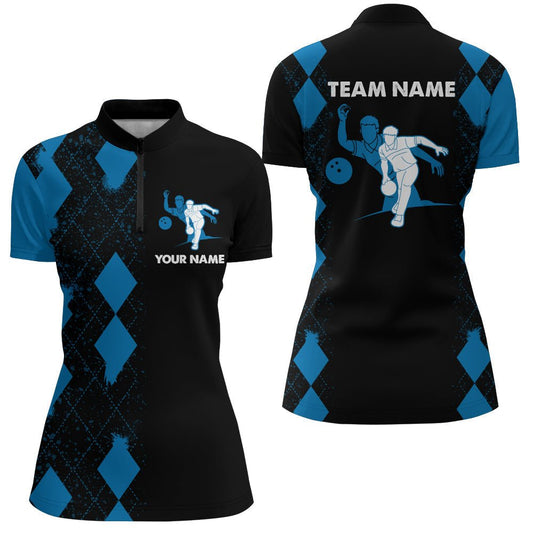 Personalisiertes Bowling-Shirt für Damen mit Viertelreißverschluss, individueller Name, Damen Bowling-Shirt in Blau und Schwarz, Team N161 - Climcat