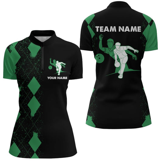 Personalisiertes Bowling-Shirt für Damen mit Viertelreißverschluss, individueller Name, grün-schwarzes Team-Bowling-Shirt N162 - Climcat