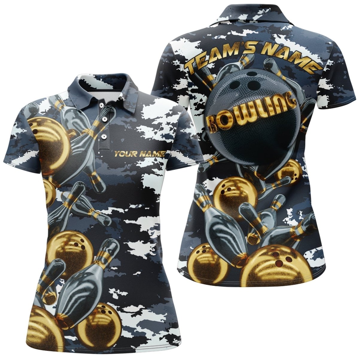 Personalisiertes Bowling-Shirt für Damen, Tarnmuster, Navy, Bowling-Team-Trikot, Damen-Bowling-Polo-Shirt D42 - Climcat