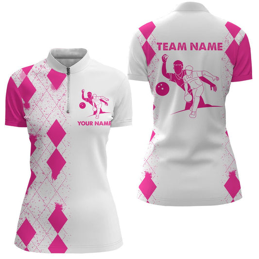 Personalisiertes Bowling-Shirt für Damen, Viertelreißverschluss, Pink Ladies Bowler, individuelles Team-Kurzarmtrikot N106 - Climcat