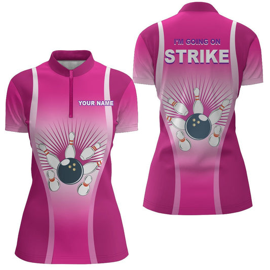 Personalisiertes Bowling-Shirt für Damen, Viertelreißverschluss, Pink, Strike, Kurzarm, N105 - Climcat