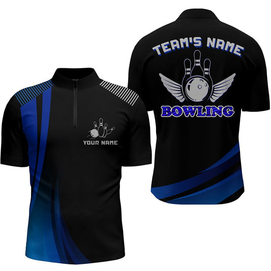 Personalisiertes Bowling-Shirt für Herren, Blau & Schwarz, Viertelreißverschluss Bowling-Shirt mit Namen, Herren-Bowler-Trikot N156 - Climcat