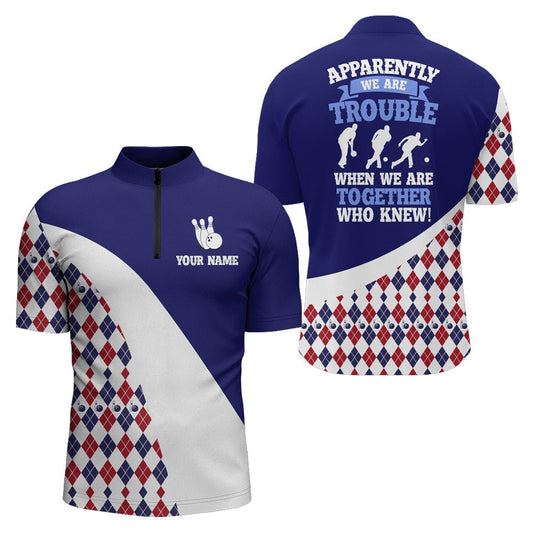 Personalisiertes Bowling-Shirt für Herren, Blaues Argyle Bowling Trikot mit Namen, Liga, Viertel-Reißverschluss Shirt N175 - Climcat