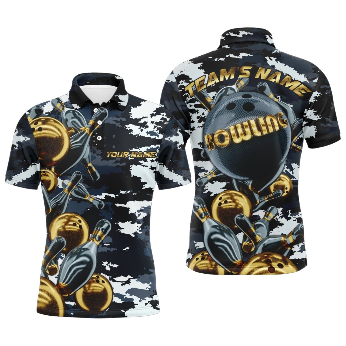 Personalisiertes Bowling-Shirt für Herren, Camo Navy Bowling Team Trikot, Herren Bowling Polo Shirt D41 - Climcat