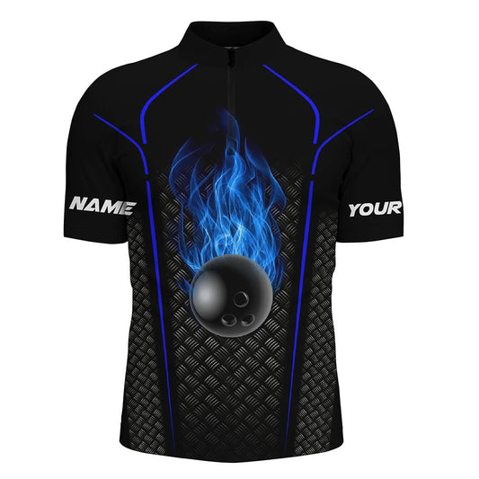 Personalisiertes Bowling-Shirt für Herren | Individuelles Viertelreißverschluss Bowling Trikot | 3D Bowling Team Shirt für Herren | Schwarz Blau Q5143 - Climcat