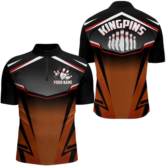 Personalisiertes Bowling-Shirt für Herren, Kingpins Orange Viertel-Reißverschluss Bowling-Shirt mit Namen, Herren Bowlers N157 - Climcat