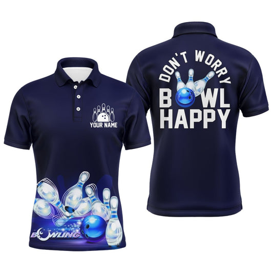 Personalisiertes Bowling-Shirt für Herren, Mach dir keine Sorgen, bowle glücklich, Blaues Bowling-Polo-Trikot mit kurzen Ärmeln, Bowlers B165 - Climcat