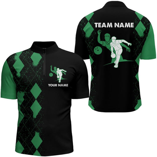 Personalisiertes Bowling-Shirt für Herren mit Viertelreißverschluss, individueller Name, grün-schwarzes Team-Bowling-Shirt N162 - Climcat