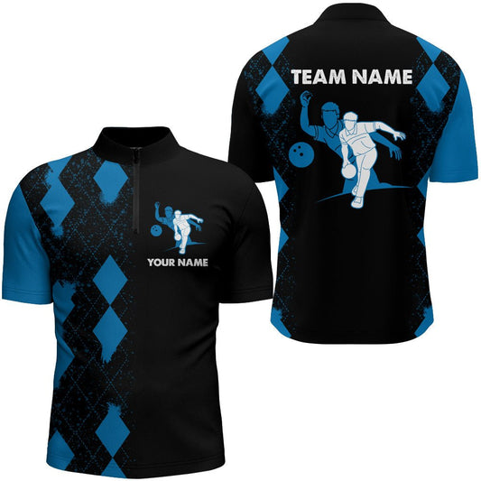 Personalisiertes Bowling-Shirt für Herren mit Viertelreißverschluss, individueller Name, Herren Bowling-Shirt in Blau und Schwarz, Team N161 - Climcat