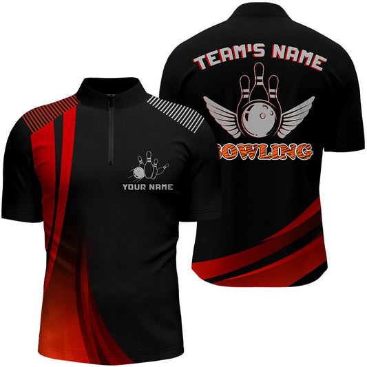 Personalisiertes Bowling-Shirt für Herren, Rotes & Schwarzes Bowling-Trikot mit Namen, Liga Bowling Viertel-Reißverschluss-Shirt N176 - Climcat