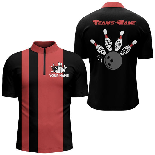Personalisiertes Bowling-Shirt für Herren, Vintage Rot&Schwarz Bowling Quarter-Zip Shirt für das Team Eat Sleep Bowl N164 - Climcat