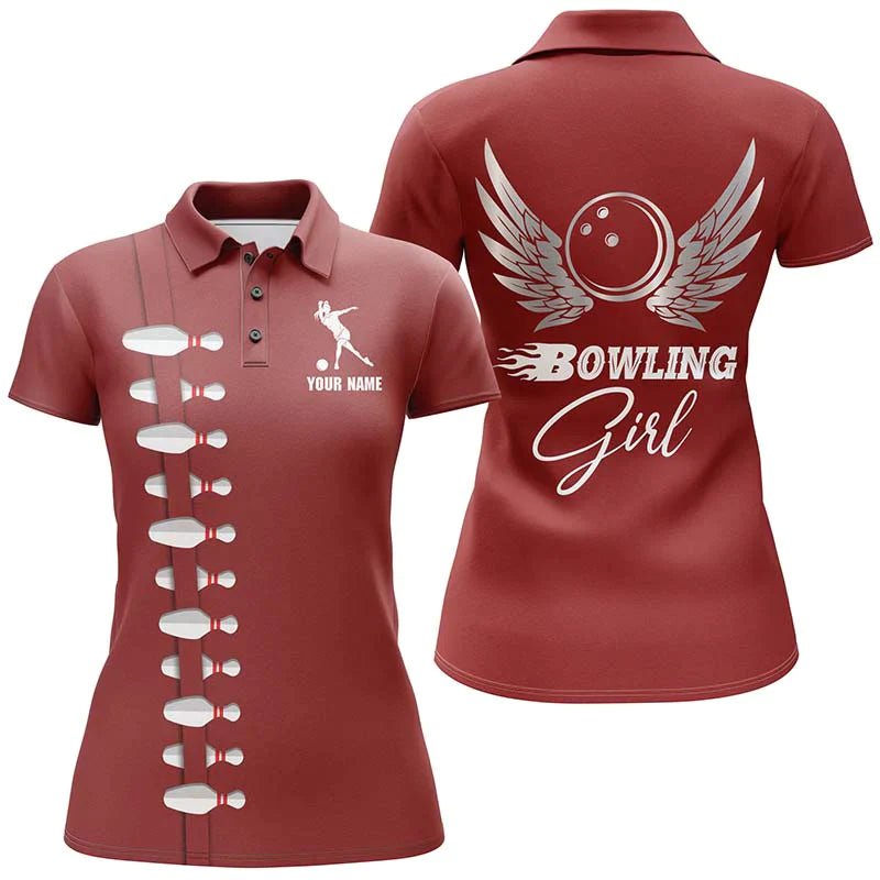 Personalisiertes Damen Bowling Polo Shirt, Bowling Girl Schöne Flügel Bowlers Trikot B35 - Climcat