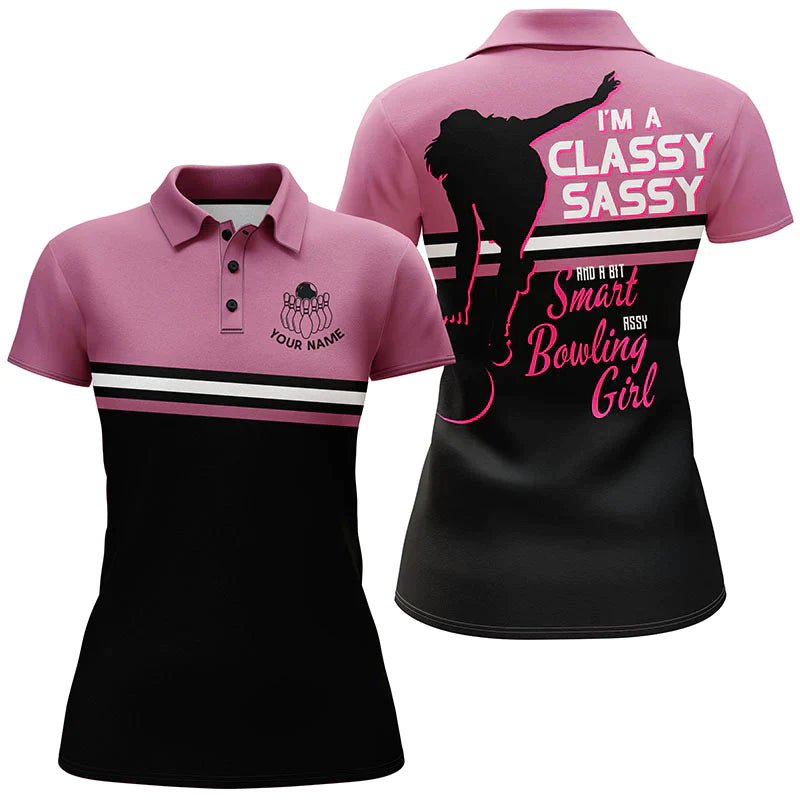 Personalisiertes Damen Bowling Polo Shirt, Lustiges Assy Bowling Girl Pink Bowlers Trikot B33 - Climcat