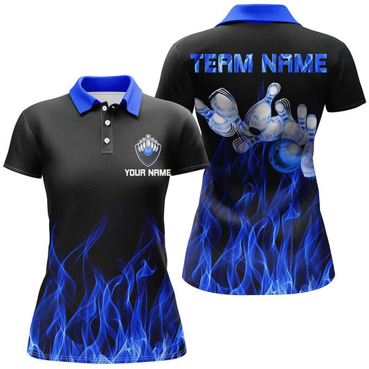 Personalisiertes Damen Bowling Polo Shirt mit blauer Flamme, schwarzes Bowling Trikot, personalisierte Bowling Team Shirts - Climcat