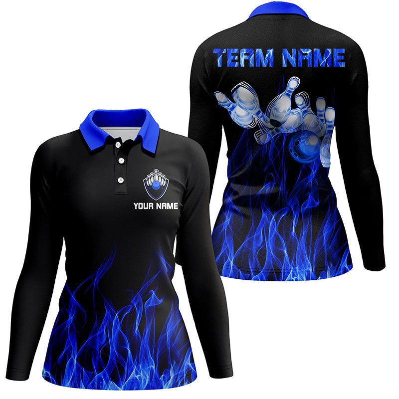 Personalisiertes Damen Bowling Polo Shirt mit blauer Flamme, schwarzes Bowling Trikot, personalisierte Bowling Team Shirts - Climcat