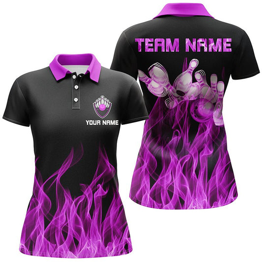 Personalisiertes Damen Bowling Polo Shirt mit lila Flammen, schwarze Bowling Trikots, personalisierte Bowling Team Shirts - Climcat