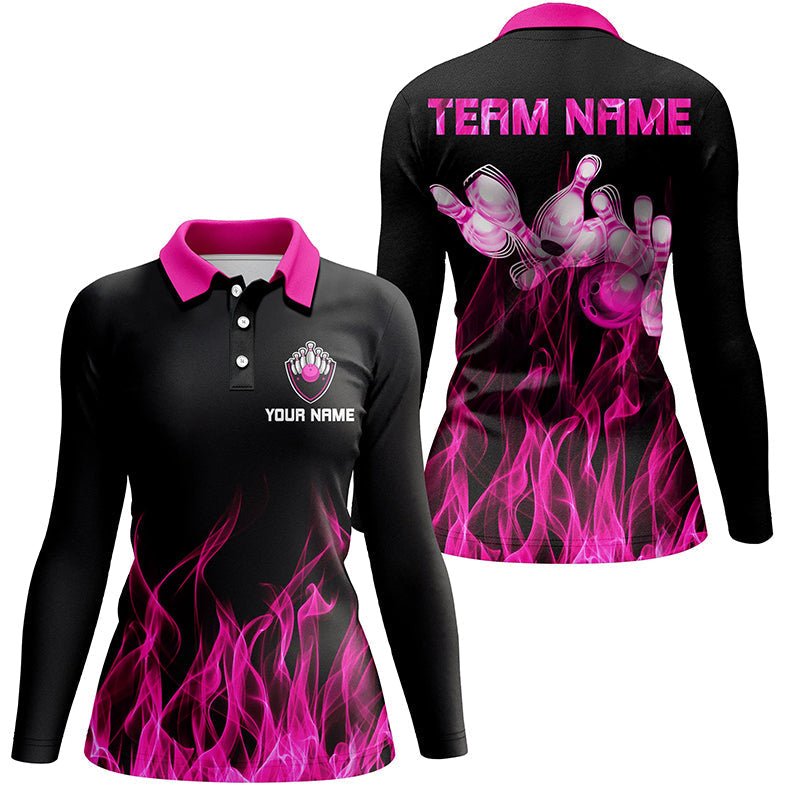 Personalisiertes Damen Bowling Polo Shirt mit schwarzen und pinken Flammen, Bowling Trikots, Personalisierte Bowling Team Shirts - Climcat