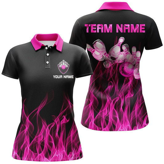 Personalisiertes Damen Bowling Polo Shirt mit schwarzen und pinken Flammen, Bowling Trikots, Personalisierte Bowling Team Shirts - Climcat