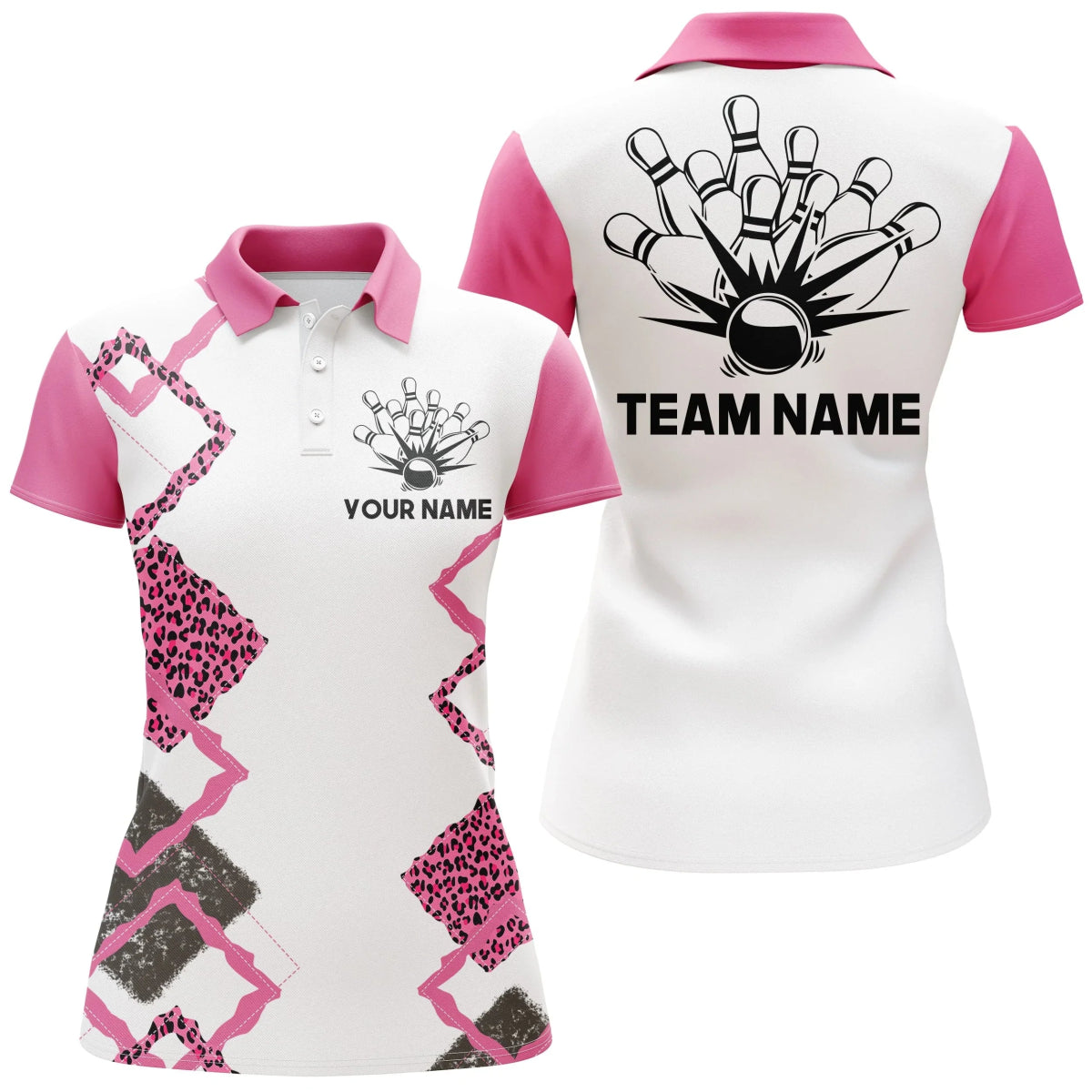 Personalisiertes Damen Bowling Polo Shirt Pink Leopard Girl Kurzarm Team Damen Bowlers Trikot B07 - Climcat