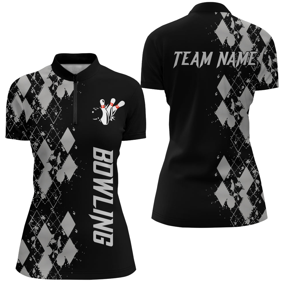 Personalisiertes Damen Bowling Shirt mit Viertelreißverschluss, individueller Name, Argyle-Muster, Bowler Team Shirt N23 - Climcat