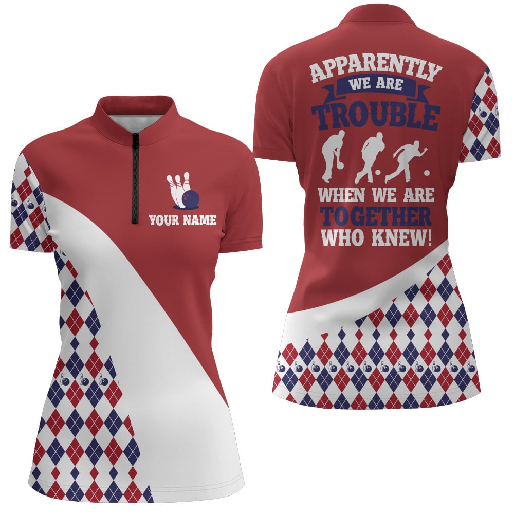 Personalisiertes Damen Bowling Shirt Rot Argyle Bowling Trikot mit Namen Damen Liga Viertel-Zip Shirt N44 - Climcat