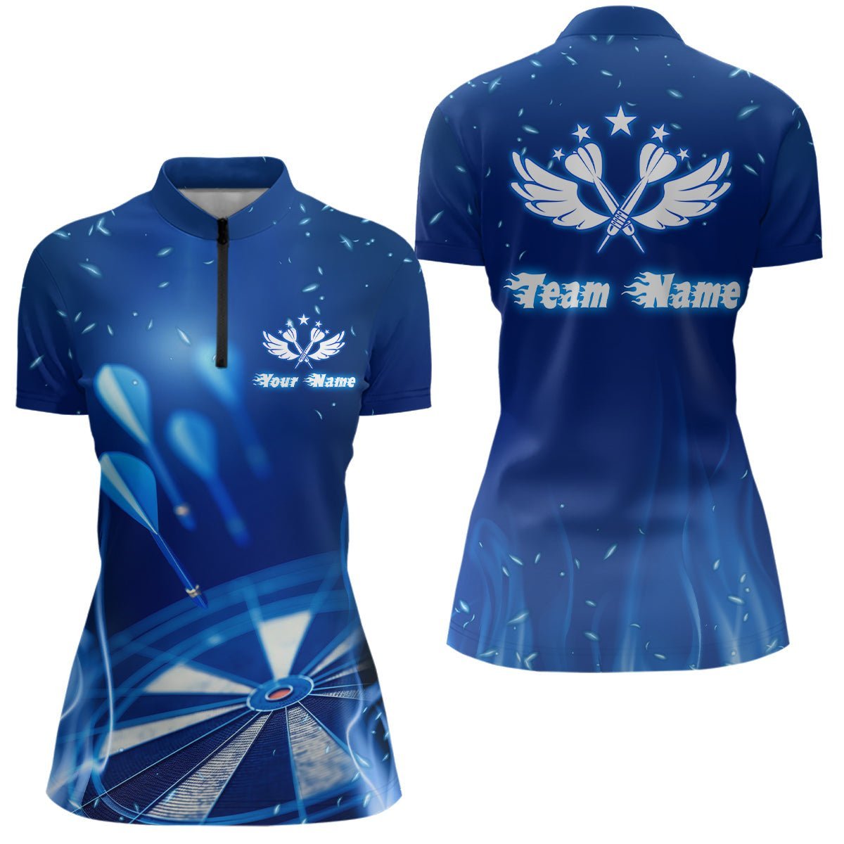 Personalisiertes Damen Dart 1/4 Zip Shirt mit blauer Feuerflamme und Stern, individuell anpassbares cooles Darttrikot G454 - Climcat