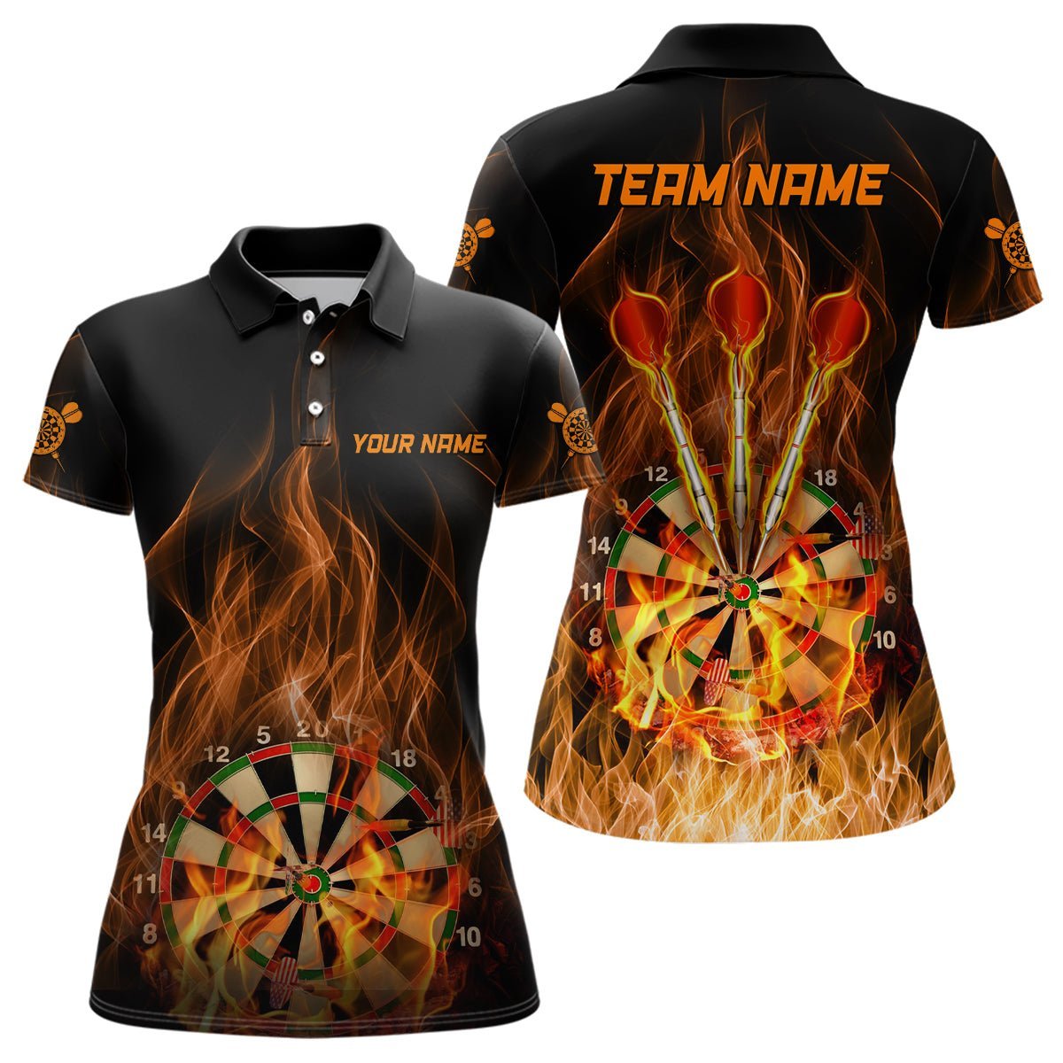 Personalisiertes Damen Dart Polo Shirt mit Feuerflammen Dartboard, individuell anpassbare Dartshirts für Frauen Dart Trikot T215 - Climcat