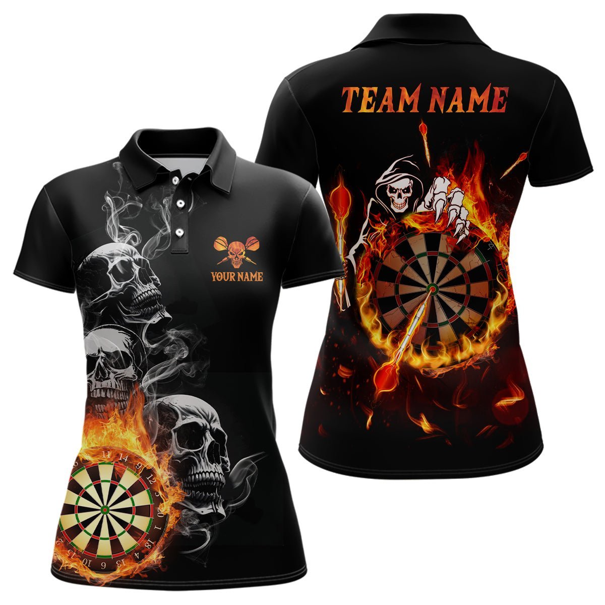 Personalisiertes Damen Dart Polo Shirt mit Totenkopf-Flammen-Motiv, individuell anpassbares Feuer-Darts Shirt für Frauen, Dart Trikot I26 - Climcat
