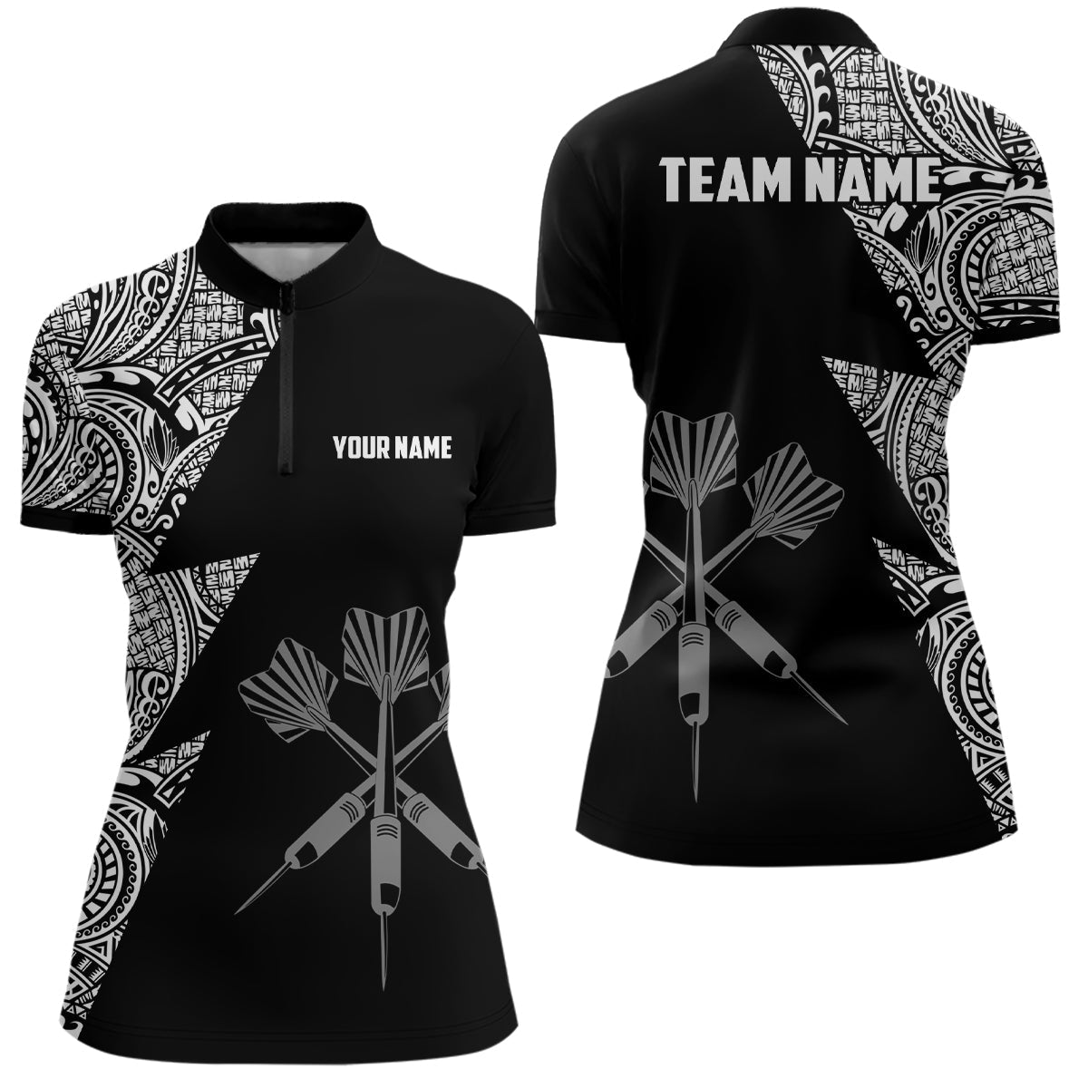 Personalisiertes Damen Darts 1/4 Zip Shirt mit Blitz-Tribal-Muster in Schwarz-Weiß, Darts-Trikot LDT0820 B364 - Climcat