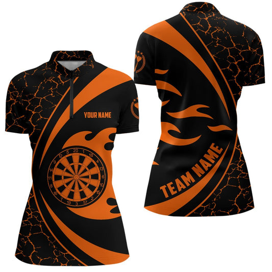 Personalisiertes Damen Darts 1/4 Zip Shirt mit orangenem Feuerflammen-Motiv, Darts-Trikot P674 - Climcat